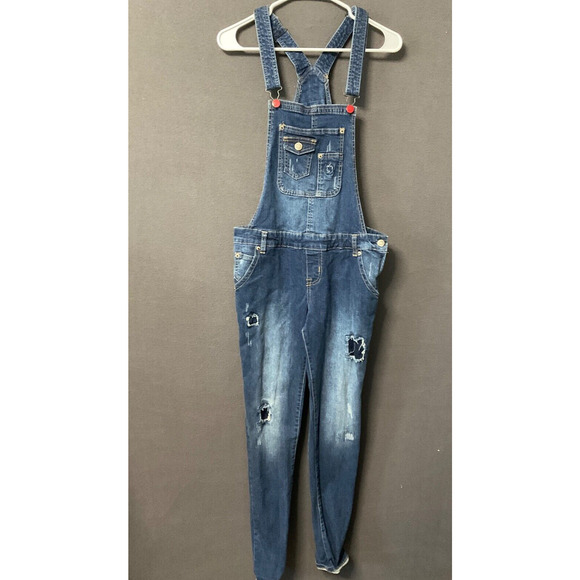 Rue 21 Distressed Denim Overalls Juniors 7/8 Skinny Jeans Bib Retro Chore - Picture 1 of 7